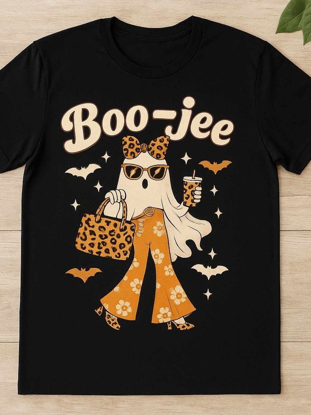 Boujee Halloween Retro Ghost Flare Pants Graphic Tee Black